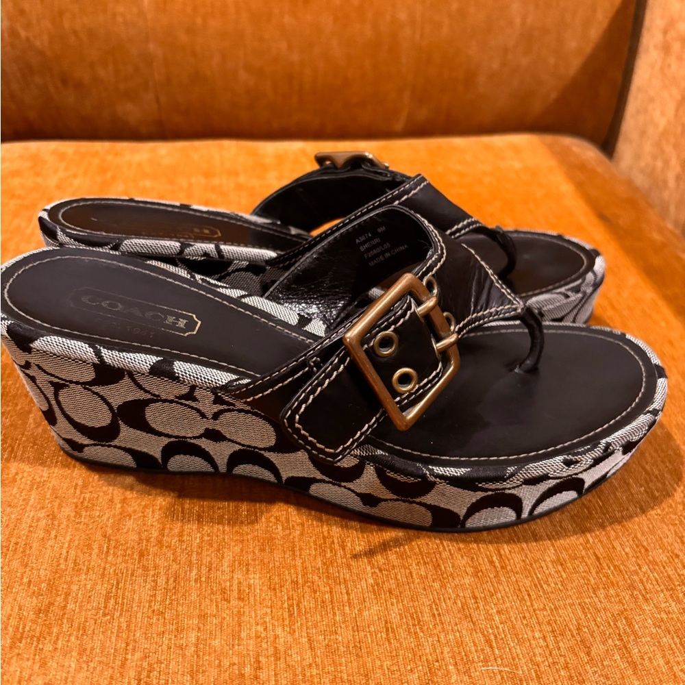 Vintage Coach Sherri Monogram Platform Wedge Sandals Black Gray Y2K Buckle 9 - Picture 3 of 7